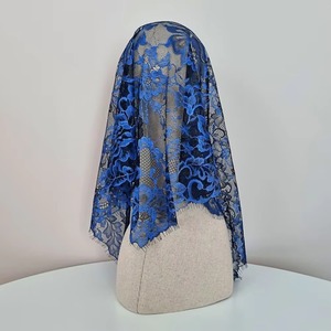 Catholic Royal Blue French <b>Lace</b> Mantilla Veil for Women Embroidered Warp Knit Floral Design <b>Elastic</b> 110cm Width Gift Korea - Product Image 3