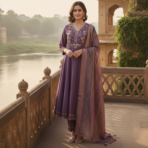 Ensemble Kurti pour femmes très tendance, couleur violette, manches 3/4, coton et soie, entièrement cousu, pour les occasions régulières et les occasions festives - Product Image 1