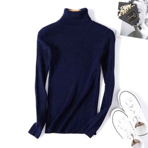 Suéter de Punto Acanalado Casual de Manga Larga con Cuello Alto Azul Marino para Mujer, 100% Acrílico, Antipilling, para Otoño - Product Image 1