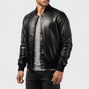 <b>Men's</b> <b>White</b> PU Windproof Varsity <b>Jacket</b> Regular Fit Stand Collar Single Button Closure Front Logo Autumn Casual Wear - Product Image 3