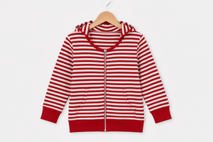 Sweat-shirt à capuche zippé imprimé rayé rouge et blanc, anti-boulochage, coupe classique, unisexe, décontracté, en coton tricoté, pour le printemps - Product Image 1