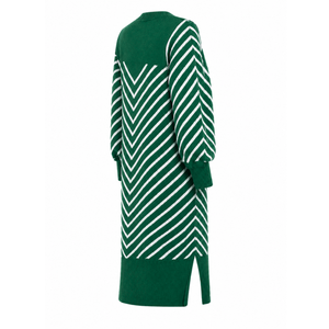 Iota Phi Lambda Women's Longline Open Front <b>Cardigan</b> Green White Striped Ribbed Cuffs Embroidered Duster <b>Sweater</b> With Side Slit - Product Image 4