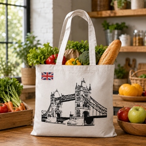 Eco Friendly London Cotton Canvas Tote <b>Bag</b> | Tower Bridge Printed Reusable Shopping <b>Bag</b> Promotional Souvenir Tote Long Handles - Product Image 4
