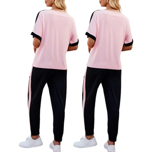 Women's Pink Black Color Block Tracksuit Short Sleeve Crew Neck Loose Fit Full Length <b>Pants</b> Side Pockets Elastic Waist Tracksuit - Product Image 6