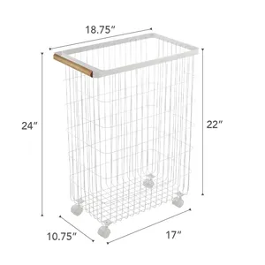 Wire Mesh Laundry Basket with Wooden Handle Wheels Hooks & Stands 18.75x17x24 Inch Durable Metal Storage Cart for Home Use - Product Image 1