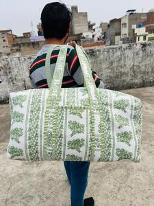 Handmade Floral Print Duffel <b>Bag</b> Blue Pink Cotton Quilted Weekender Travel <b>Bag</b> Large Capacity Zipper Closure - Product Image 3