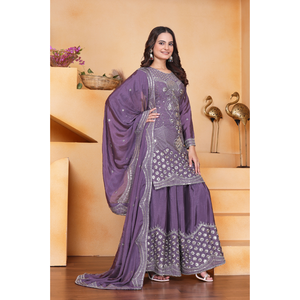 Exclusive chinon silk embroidered salwar suit set with <b>sequins</b> work <b>top</b> palazzo dupatta stitched ethnic festive wear - Product Image 2