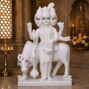 White Marble Lord Dattatreya Statue with Kamadhenu Cow | Handmade Marble Dattatreya Murti for Temple by MALIYAS Jaipur - Product Image 3