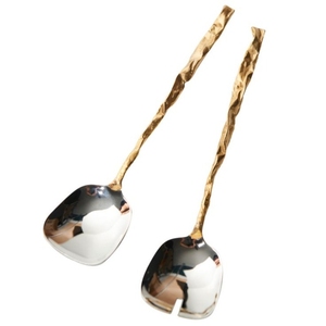 ชุดอุปกรณ์เสิร์ฟสลัด 2 ชิ้น ทำด้วยมือ ด้ามทองเหลืองขัดเงา พร้อมที่ตักสลัดสแตนเลสสีทองและสีเงิน ราคาโรงงาน - Product Image 1