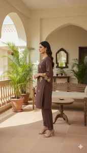 ชุดสูทกูร์ตะแบบ 3 ชิ้น สีน้ำตาลล้วน สำหรับผู้หญิง สไตล์อินเดีย-ปากีสถาน เหมาะสำหรับงานเทศกาล  ผ้าเรียบย้อมสี - Product Image 2