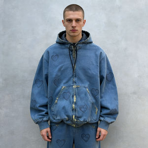 Sweat-shirts à capuche bleus surdimensionnés pour hommes, zippés, effet vieilli, avec poche avant embossée, étiquette personnalisée, style streetwear décontracté - Product Image 1