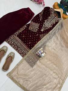 Nuevo Conjunto de Salwar Kameez de Diseñador para Fiesta, Top de Terciopelo de Viscosa Pesada con Dupatta de Trabajo Elaborado, Conjunto de Kurti y Pantalón, Precio al por Mayor - Product Image 2