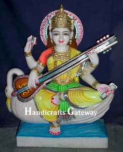 Estatua de Saraswati en Piedra de Mármol con Loto - Product Image 3