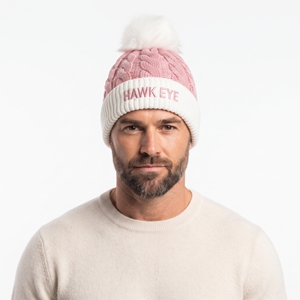 Bonnet en tricot bicolore rose et blanc avec pompon, logo brodé personnalisé, couvre-chef chaud d'hiver unisexe, style streetwear - Product Image 3