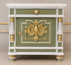 Roman Inspired Hand Carved Bedroom Suite Luxury Hand Carved Solid Teak Wood Bedroom Furniture <b>Set</b> with Sage Green & Gold Finish - Product Image 4