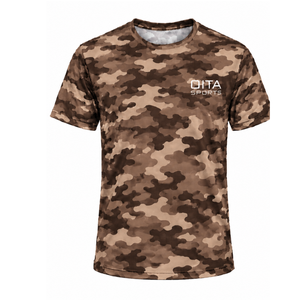 T-shirt camouflage marron pour homme, manches courtes, col rond, imprimé camouflage, entraînement en plein air, fitness, entraînement, vêtements de sport performants - Product Image 1