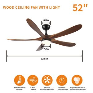 Ventilatore da Soffitto LED da 52 Pollici con Luce, Design a 5 Pale in Legno Massello - Product Image 4