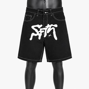Custom Men's <b>Black</b> Denim Jorts with Graffiti Graphic Print | Baggy Knee Length <b>Jeans</b> <b>Shorts</b> Manufacturer - Product Image 1