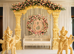 Mandap de mariage style Rajwada Bollywood avec scène intégrée, dôme indien traditionnel sculpté en fibre de verre, détachable, doré, taille personnalisable - Product Image 4