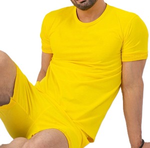 Ensemble deux pièces jaune pour hommes, t-shirt et short décontractés à manches courtes, tenue d'été 100% coton, streetwear - Product Image 4