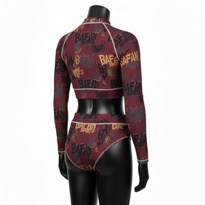 Conjunto de bikini de alta calidad de 185 GSM en poliéster y spandex, color burdeos, tejido elástico de punto acanalado, con estampado completo y logotipo transferido por calor, para mujer. - Product Image 3