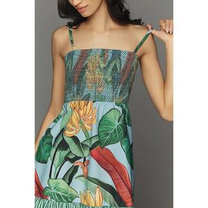 Robe courte smockée en coton, robe courte ample en coton et lin, robes courtes d'été décontractées à manches courtes et imprimé floral pour filles - Product Image 2