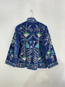 Floral Suzani <b>Velvet</b> Embroidered Boho Jacket <b>Women</b> Navy Blue Ethnic Short <b>Coat</b> Winter Autumn Wear - Product Image 5