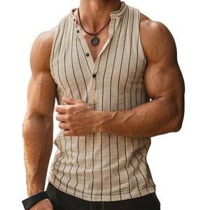 Men's Bulk Wholesale Vertical Striped Sleeveless Henley Athletic Fit <b>Stand</b> Collar Muscle Vest Summer Casual Tank Tops For Men - Product Image 6