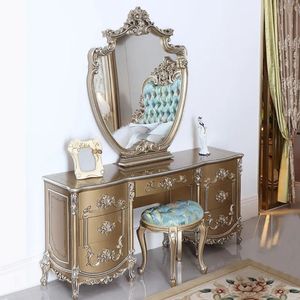 Oferta Especial: Juego de Dormitorio de Lujo Clásico en Blanco, Dorado y Azul, Cama Tapizada, Muebles Elegantes de Estilo Real para Hotel, Diseño Personalizado - Product Image 4