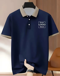 Men's Navy Blue Cotton Polo Shirt Short Sleeve Solid Color Breathable Casual Front Logo Print Regular Fit - Product Image 1