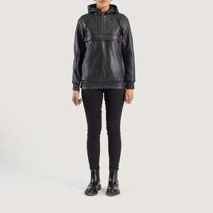 Veste d'hiver décontractée unisexe en cuir de mouton noir véritable et toile, coupe-vent, matelassée, douce, avec demi-fermeture éclair et doublure en coton - Product Image 3