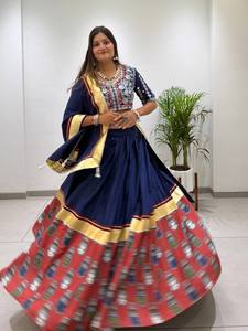 Traditional Indian Pakistani Women's Cotton Dress Set Navy Blue Red Embroidered Floor-Length Regular Fit All Seasons - Product Image 3