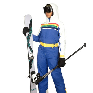 Custom Women One Piece Ski Suit Waterproof Windproof Retro <b>Rainbow</b> Stripe Snowboard <b>Jumpsuit</b> with Hood and Belt - Product Image 1