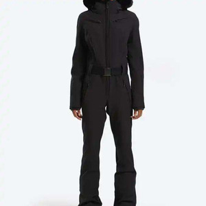 Custom Logo Women's One Piece Ski Suit Waterproof Windproof Slim Fit Belted Snowsuit with Faux Fur Hood Winter Snow <b>Jumpsuit</b> - Product Image 2