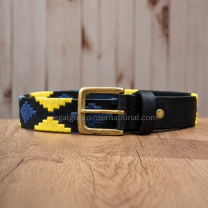 Ceinture décontractée tressée à la main avec accents bleus et jaunes, en cuir grainé, boucle en laiton, style Gaucho classique - Product Image 3