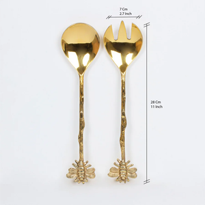 Ensemble de serveurs à salade en acier inoxydable et laiton, design feuille, 6 pièces, pour mariages et fêtes, boîte noire - Product Image 5