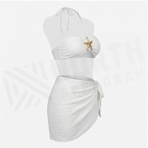 <b>White</b> Ribbed 2 Piece <b>Tankini</b> Set With Starfish Decoration Halter <b>Top</b> And Wrap Skirt For Women - Product Image 3
