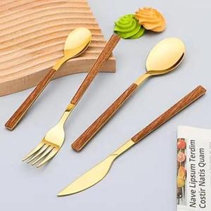 Ensemble de couverts en or de style japonais avec manches en bois, sans BPA, sans danger pour les aliments, idéal pour les restaurants, couverts de luxe. - Product Image 5