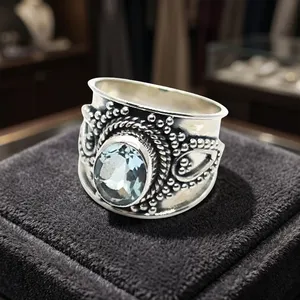 Vintage 925 Sterling Silver Cocktail Ring With Blue Topaz Bezel Setting Unisex Everyday Wear - Product Image 2