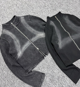 Veste pour femme printemps, col montant, coupe ample, fermeture éclair, veste unie, lavage à l'acide, fermeture éclair, sweat-shirt court surdimensionné - Product Image 1