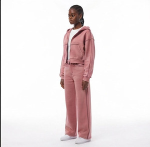 Ensemble survêtement femme : sweat à capuche court et pantalon de jogging long 100 % coton, coupe ample, fermeture éclair intégrale, style décontracté - Product Image 3