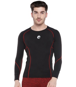 T-shirt manches longues et col rond pour homme, haut de couleur noire unie, avec compression, séchage rapide, fitness, avec matériau de haute qualité - Product Image 1