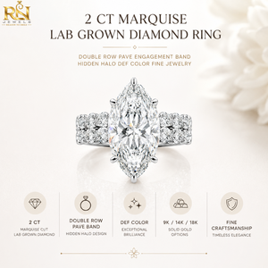 แหวนเพชรเม็ดมาร์คีส์ 2 กะรัต ผลิตในห้องปฏิบัติการ |   แหวนหมั้นทองคำแท้ 9K/14K/18K แบบสองแถวประดับเพชรทรงพาเว่ พร้อมวงแหวนซ่อนรอบเพชร สี DEF ความใส VVS2 - Product Image 5