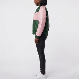 Veste en cuir PU rose et vert personnalisée pour sororité – Col montant à boutons-pression, respirante, vente en gros, fabricant, marque privée - Product Image 2