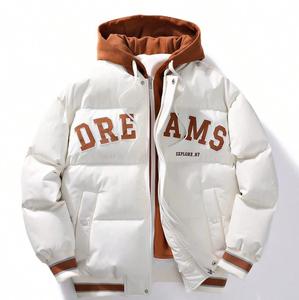 <b>Men's</b> White Hooded Puffer <b>Jacket</b> With Brown Lettering Dreams Print Thermal Winter Casual Outerwear - Product Image 1