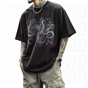 เสื้อยืดลำลองลายปลาหมึกสีดำ พิมพ์ลาย DTG DTF สกรีนลายสตรีทแวร์ ผ้าฝ้าย 100% เสื้อยืดลายกราฟิกแฟชั่นสำหรับฤดูร้อน - Product Image 1