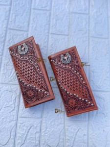 Premium Western Turquoise Accent <b>Leather</b> Wallet Handcrafted Western Style <b>Tooled</b> <b>Leather</b> Long Wallet - Product Image 6