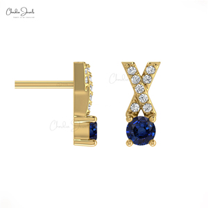 Trendy Products 5mm Round Cut Blue Sapphire & Diamond Criss Cross Stud <b>Earrings</b> In 14k Solid Gold Wholesale <b>Earring</b> Gift For Mom - Product Image 3