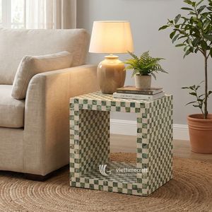 Modern Eco-Friendly Natural Mother Pearl Square Side Table Checkerboard Inlay Handmade Accent <b>Ottoman</b> Living Room Decor Display - Product Image 4