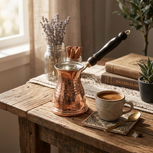 หม้อกาแฟทองแดงทำมือแบบตุรกี Cezve Ibrik พร้อมด้ามจับไม้ ดีไซน์ดั้งเดิม รูปทรงกลม สำหรับชงกาแฟ - Product Image 4